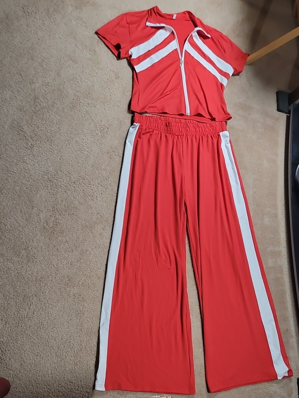 Red Two-Piece Wide-Leg Jumpsuit Set with White Stripes